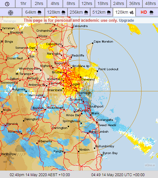 Doppler Weather Radar - Brisbane 128km Winds - Thursday afternoon and evening, May 14th, 2020.