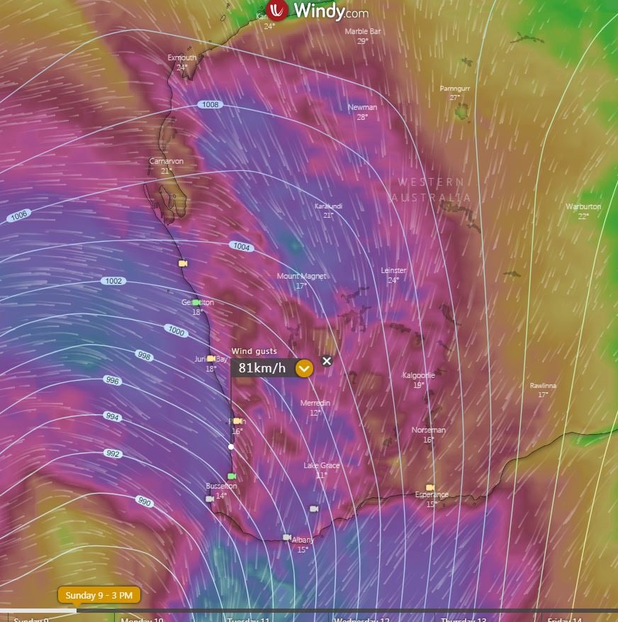 EC wind gusts for Sunday afternoon. Image via windy.com