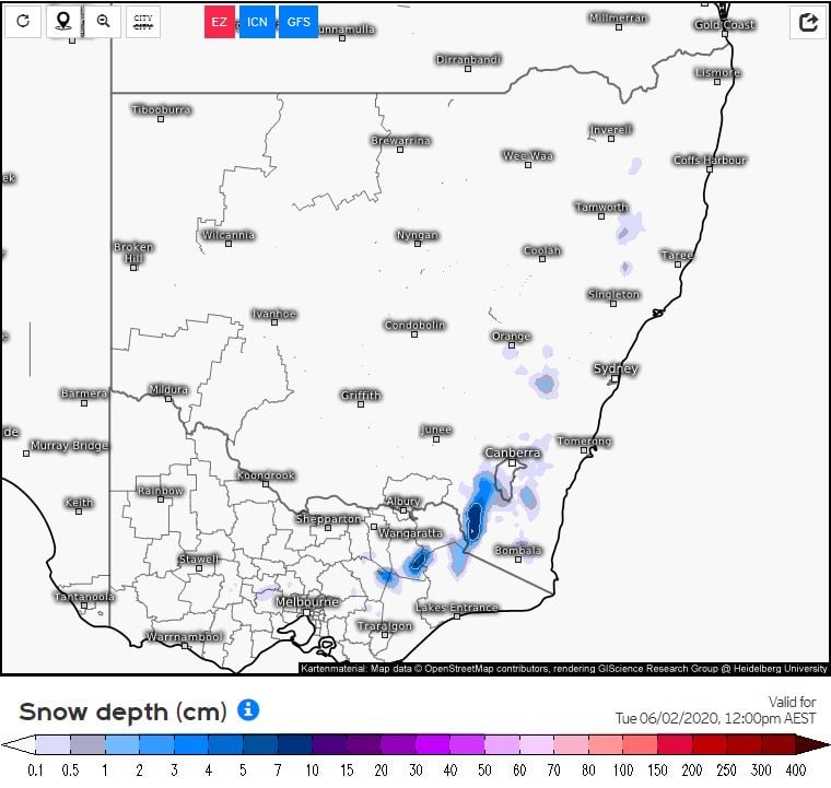 EC Potential snow depth, valid to 12pm 2/06/2020. Image via weather.us