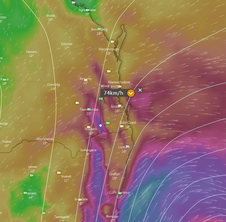 EC wind gusts Tuesday afternoon. Image via windy.com