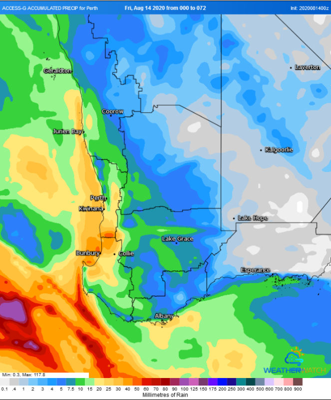 Forecast rainfall across the next 72 hours from the ACCESS G Model (Source: Weatherwatch Metcentre)