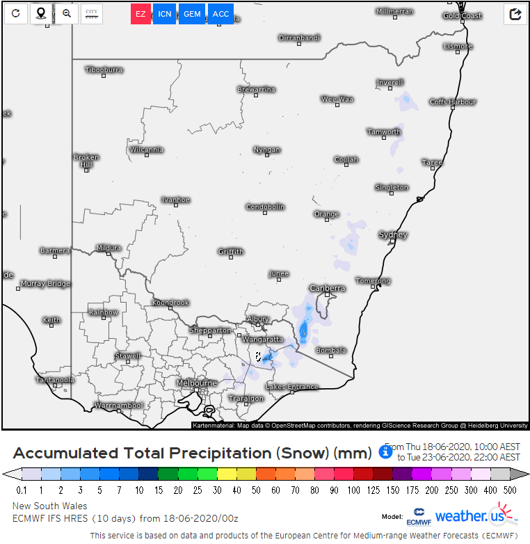 Forecast total snow accumulations from the ECMWF model until Tuesday 23rd June, 2020 (Source: weather.us)