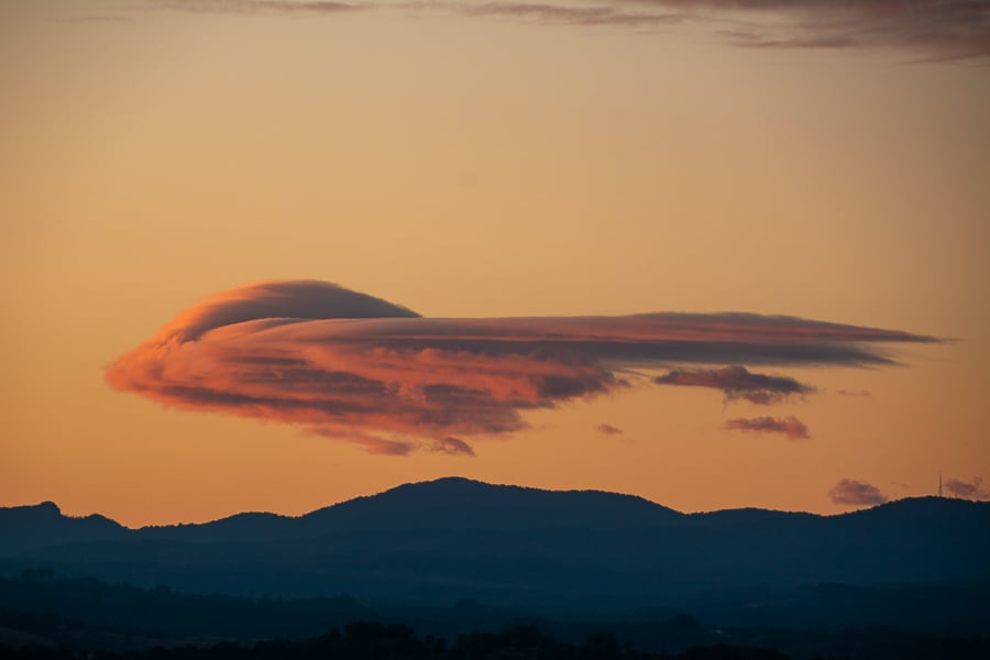 Lenticular Cloud at dusk over the Nightcap Ranges of NSW as photographed by Michael Bath - 14th July 2020
