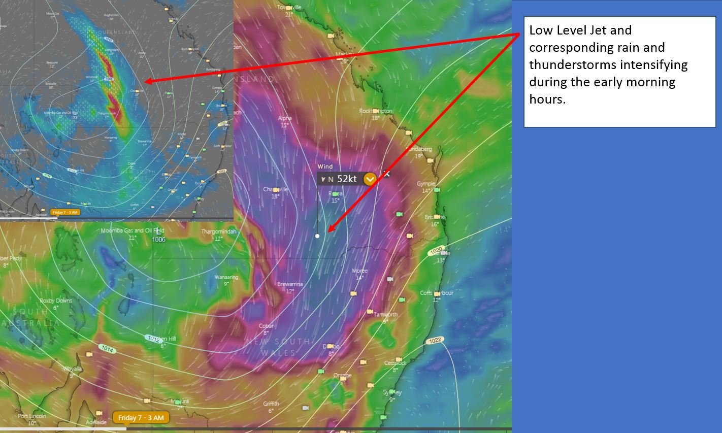 Low Level Jet and corresponding rain and thunderstorms. Image via windy.com