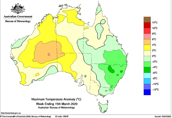 Maximum temperature anomaly for the week ending 15th March, 2020