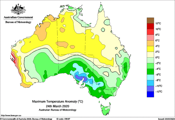 Maximum temperature anomoly for Australia 24th March 2020