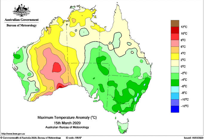 Maximum temperature anomaly for the 15th March, 2020