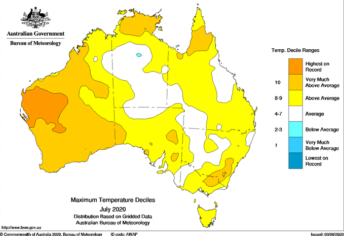 Maximum temperature deciles for July 2020