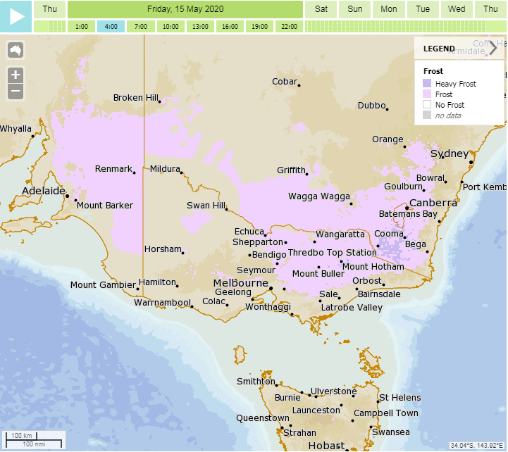 Meteye Frost forecast for southeastern Australia at 4am Local Time Friday 15th May, 2020