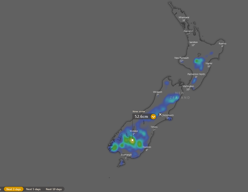 New snowfall forecasts across New Zealand across the next 72 hours from the ECMWF Model (Source: Windy)