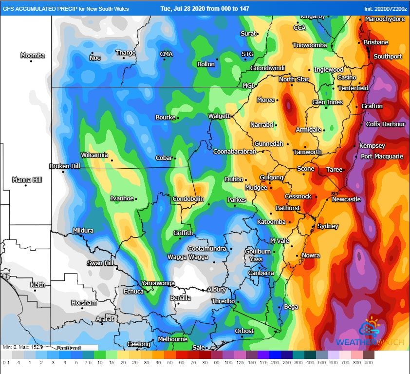 NSW accumulated precipitation next 147hrs. Image via WeatherWatch