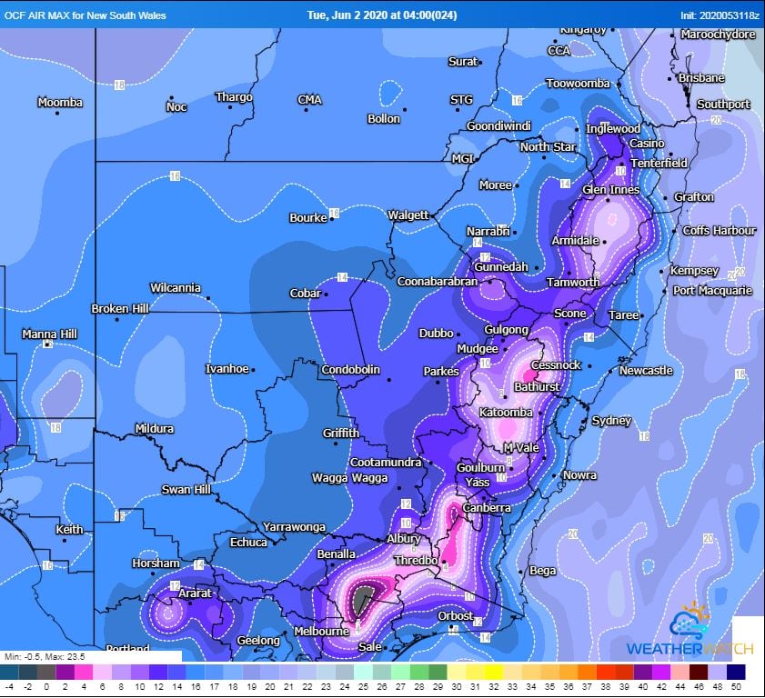 OCF max temperatures, Tuesday 2/06/2020. Image via WeatherWatch