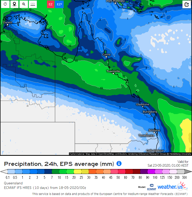 Rainfall forecast by the EC ensemble for the 24 hours between 1am Friday and 1am Saturday (Source: weather.us).
