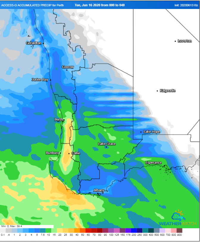 Rainfall accumulation for the next 48 hours across southwest WA (Source: Weatherwatch Metcentre)