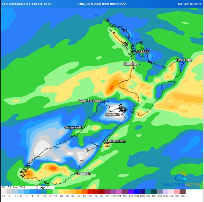 Rainfall accumulation across the next 72 hours across New Zealand from GFS model (Source: Weatherwatch Metcentre)