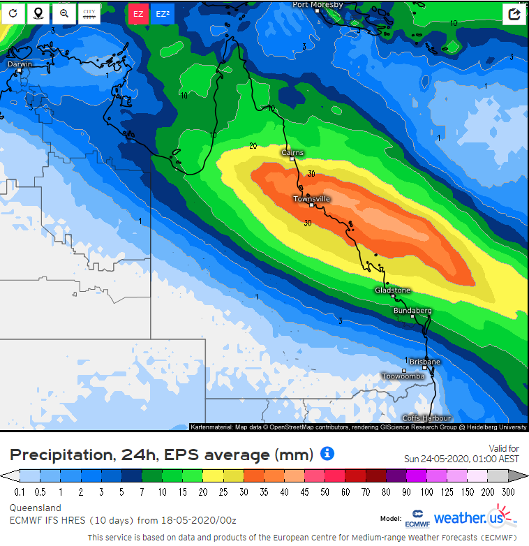 Rainfall forecast by the EC ensemble for the 24 hours between 1am Saturday and 1am Sunday (Source: weather.us).