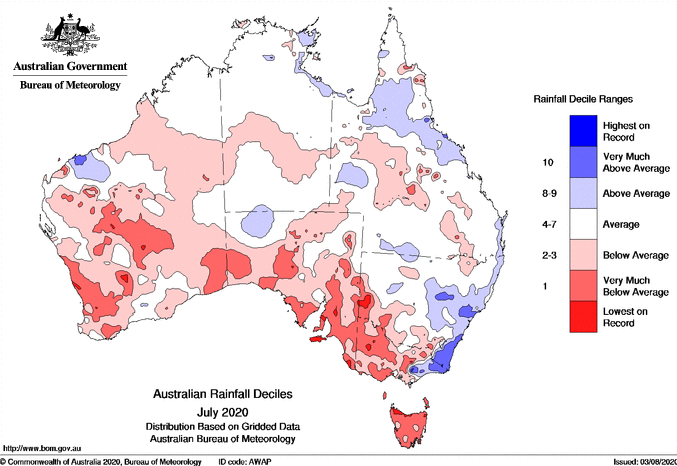 Rainfall deciles for July 2020