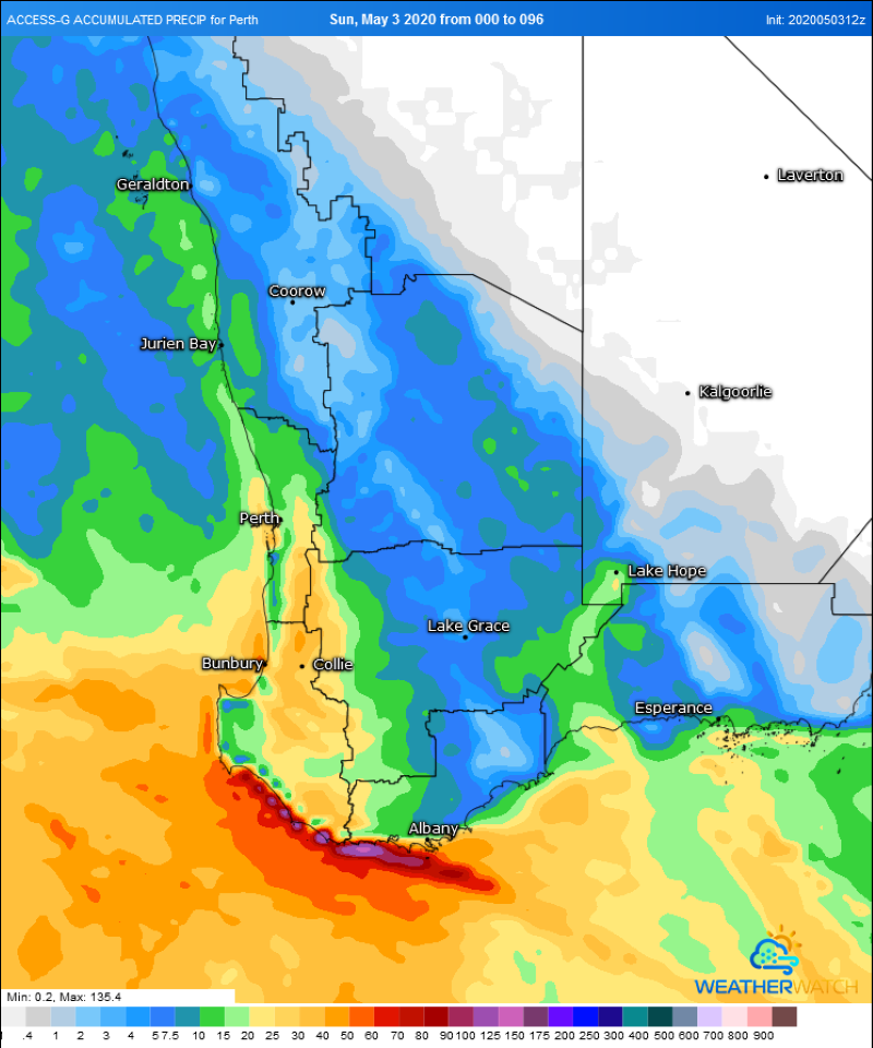 Rainfall accumulation over the southwest of the state (Source: Weatherwatch Metcentre)