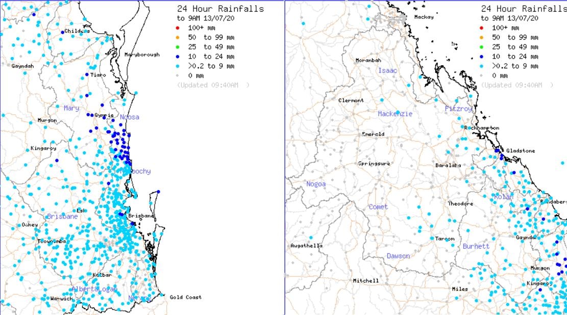 Rainfall totals to 9am 13/07/2020. Images via BoM