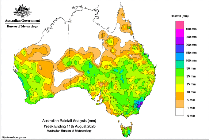 Rainfall totals across Australia across the past week to Tuesday 11th August, 2020