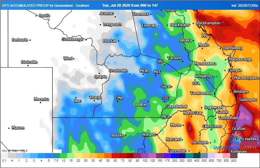 Southern QLD accumulated precipitation next 147hrs. Image via WeatherWatch