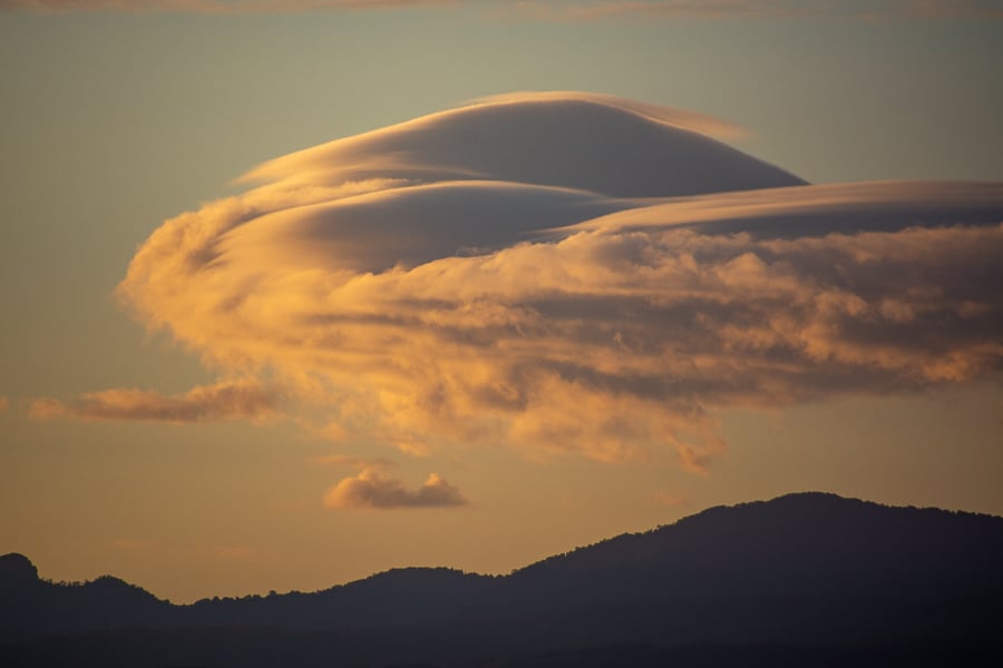 Sunset Lenticular Cloud over the Nightcap Ranges of NSW as photographed by Michael Bath - 14th July 2020