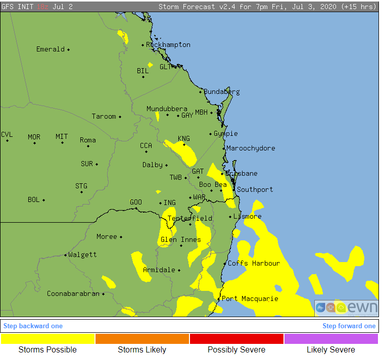 Thunderstorm possiblity across northeast NSW and southeast QLD on Friday 3 July, 2020 afternoon/evening