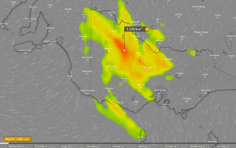 Thunderstorm forecast at 1am Wednesday 20 May, 2020
