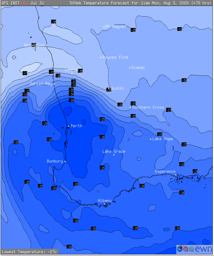 Upper level cold pool affecting southwest WA on Monday 3rd August, 2020