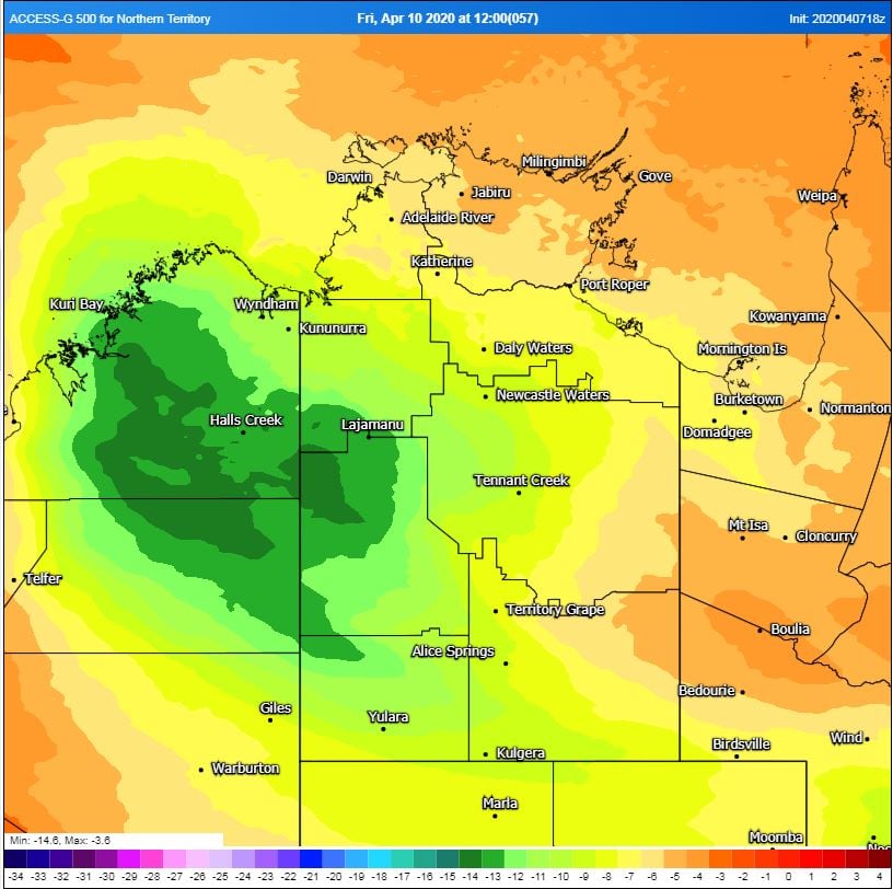 500mb level temperatures across northern WA Friday afternoon. Image via WeatherWatch