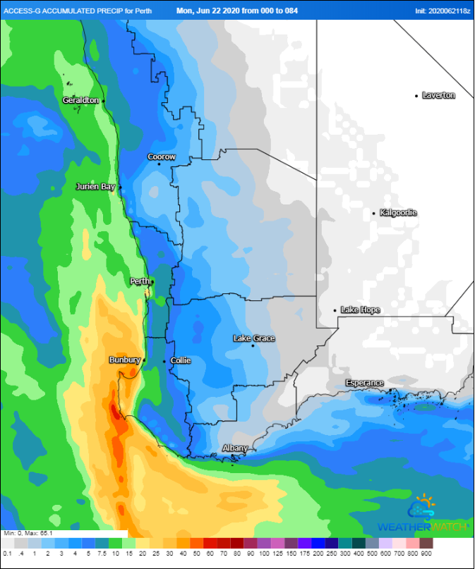 Rainfall accumulation over Southwest WA across the next 3 days (Source: Weatherwatch Metcentre)