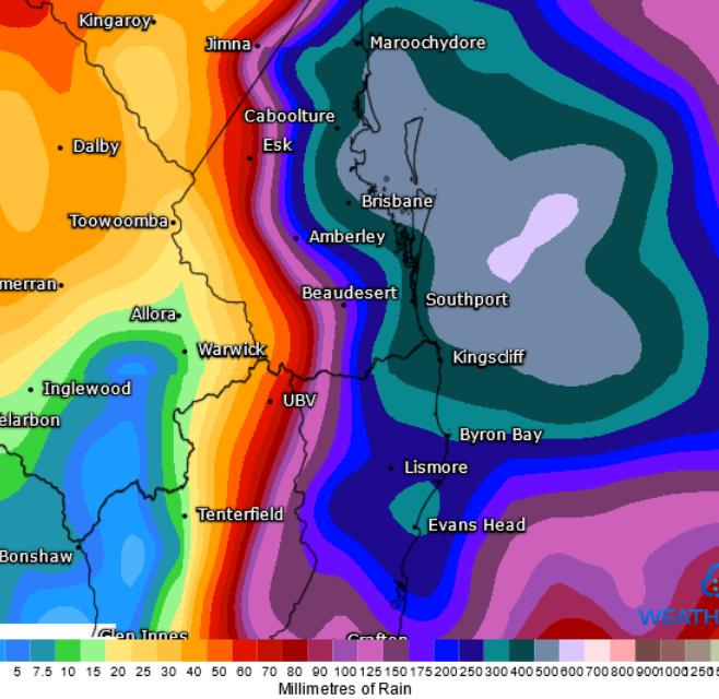 GFS Model Forecast Rainfall SE QLD 23 feb to 28 Feb  