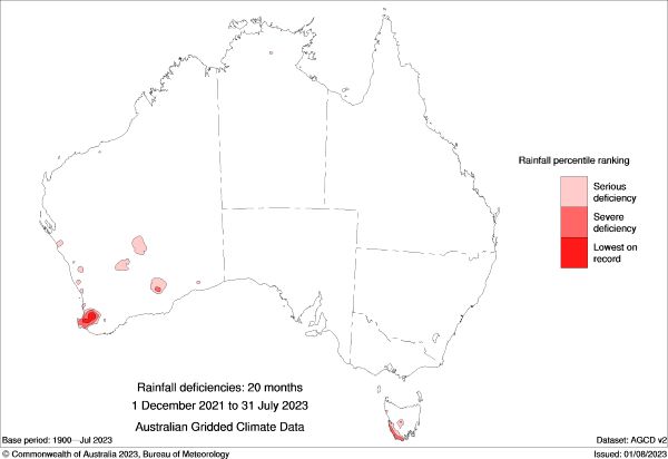 Map of Australia showing rainfall deficiencies since Dec 2021