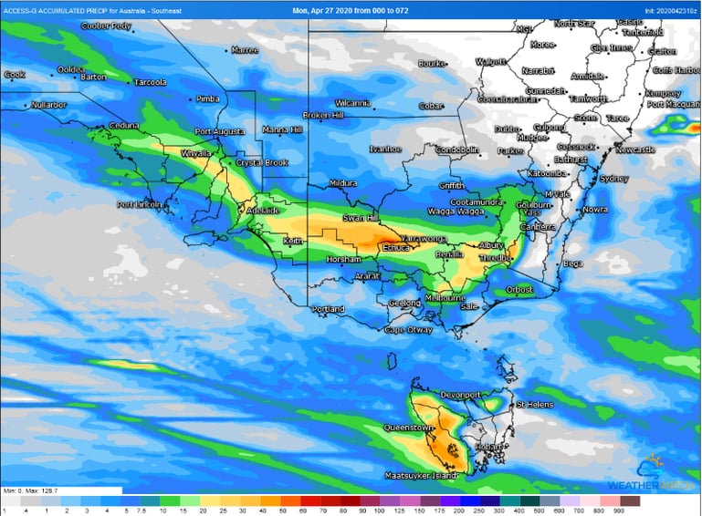 Rainfall accumulation across the next 72 hours from the ACCESSG Model
