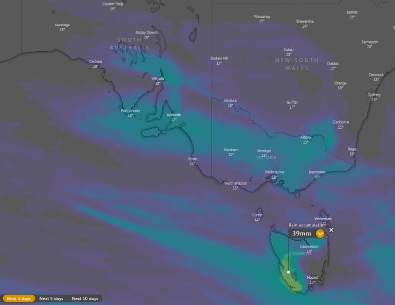 Rainfall accumulation across the next 72 hours from the ECMWF Model