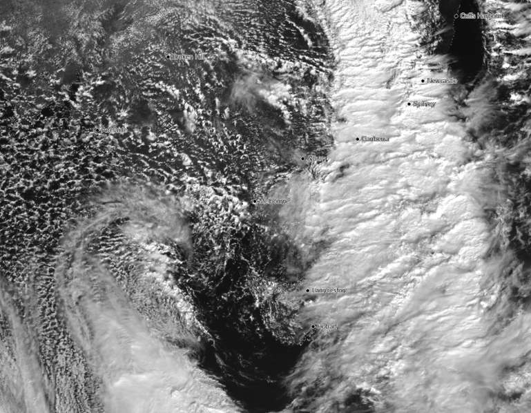 Satellite image as cold front crosses the south east of the country. Speckled cloud shows the very cold air with the system
