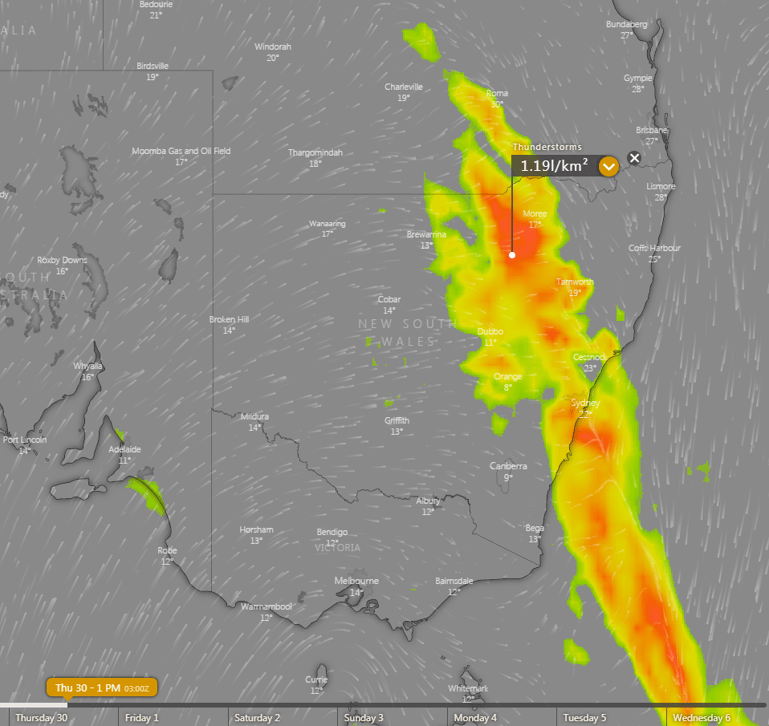 Thunderstorm forecast graphic for Thursday afternoon