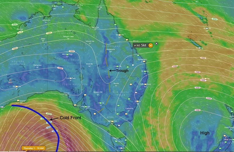 Image 2: Synoptic setup showing the dynamics at play leading to the widespread rain event (Source: Windy.com)