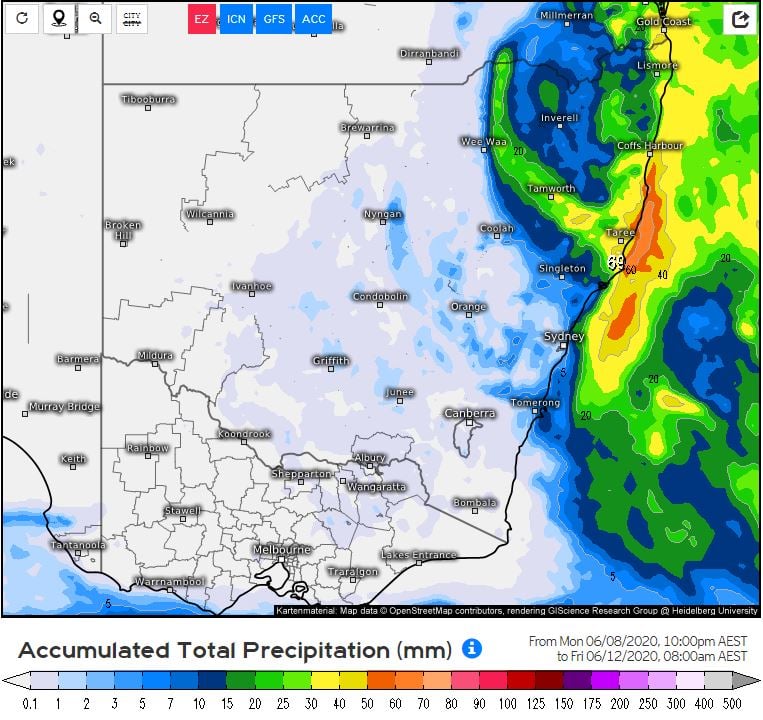 EC accumulated precipitation. Valid to 12pm Friday 12/06/2020. Image via weather.us
