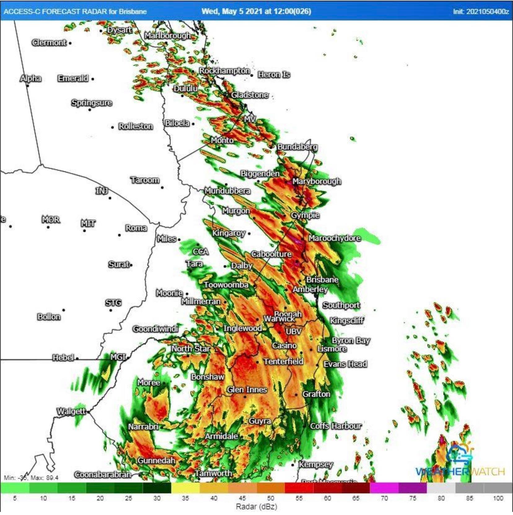 ACCESS C high resolution forecast radar for 12pm Brisbane, Wednesday 5/05/2021. Image via WeatherWatch Metcentre.