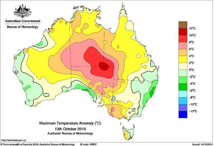 Maximum temperature anomoly for 13 October, 2019