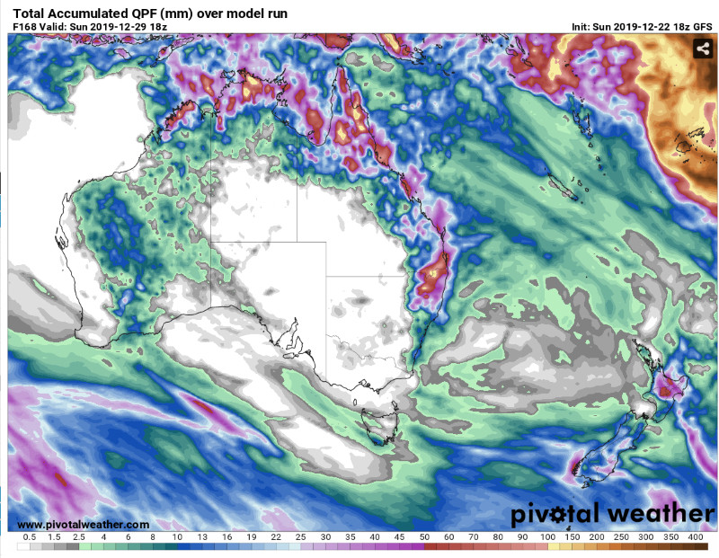 GFS Accumulated rainfall across the next 7 days over Australia (Source: Pivotal Weather)