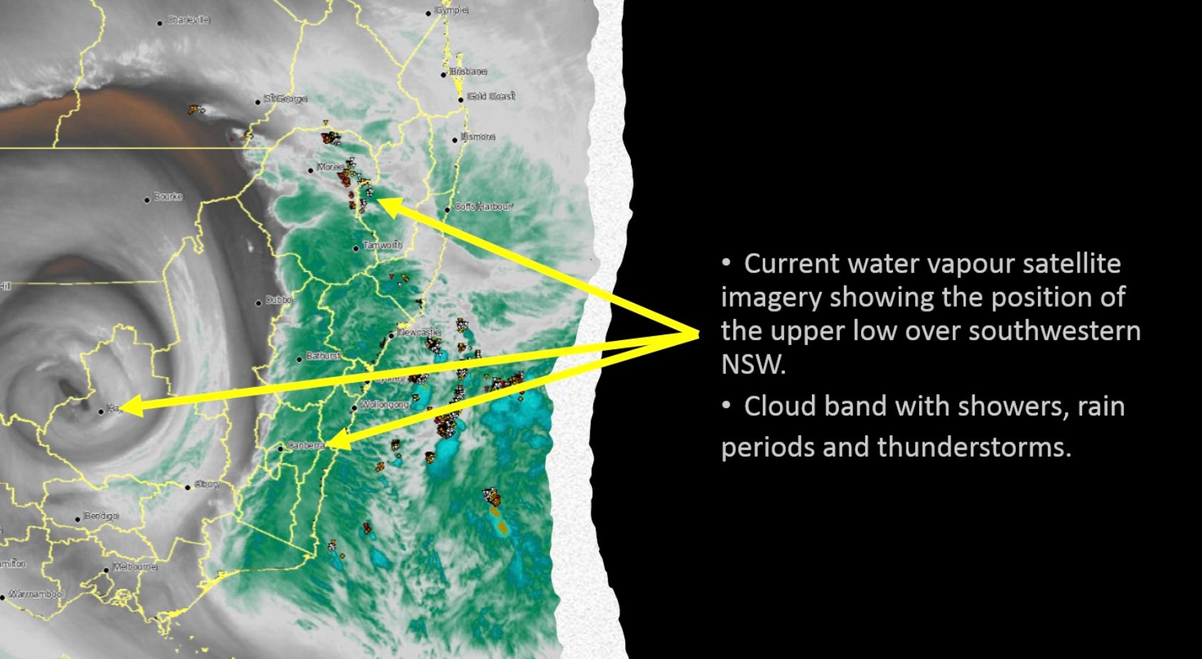 Water Vapour satellite imagery showing the current position of the upper low over southwestern NSW.