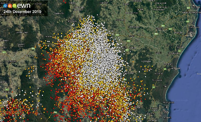EWN Lightning Tracker detailing extensive and very lightning thunderstorms detected south of Bonalbo and west of Casino, NSW on December 24th, 2019