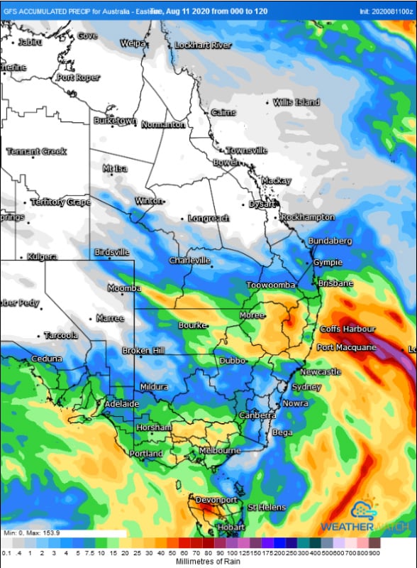 Forecast accumulated rainfall totals across the next 5 days from the GFS Model