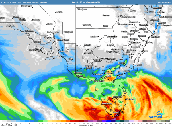 Accummulated precipitation across the weekend over southeast Australia