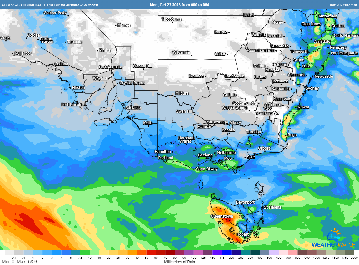 Accummulated precipation across the next 84 hours across southeastern Australia