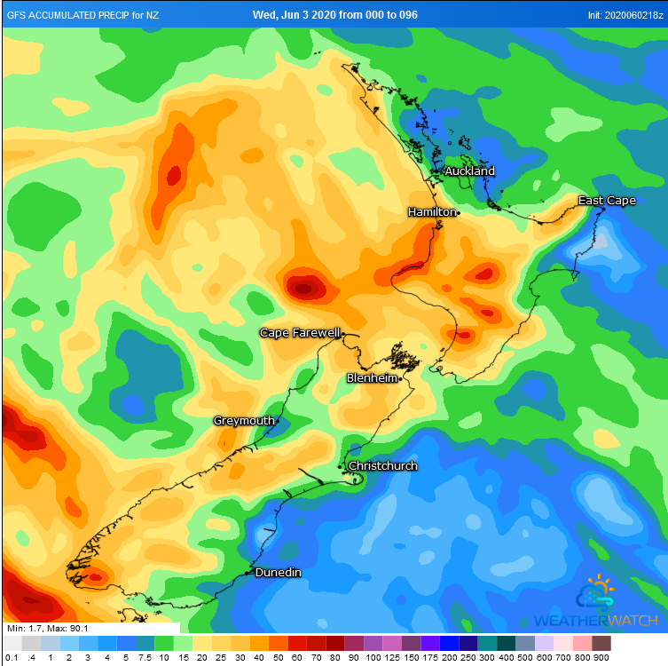 GFS Accumulated precipitation over the next 96 hours for NZ (Source: Weatherwatch Metcentre)