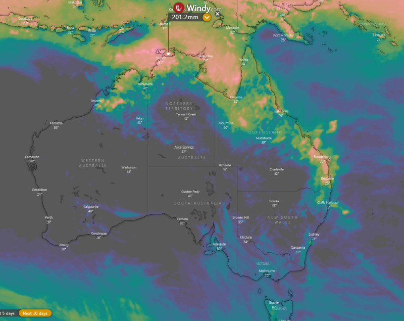 ECMWF Accumulated rainfall across the next 10 days over Australia