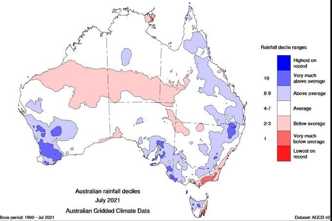 Image 2: Rainfall deciles for Australia in July 2021 (Source: Bureau of Meteorology)